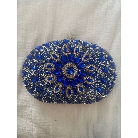 Ramla handmade Sparkling Blue Simulate Diamond Womens Clutch Handbag with strap - Picture 7 of 11